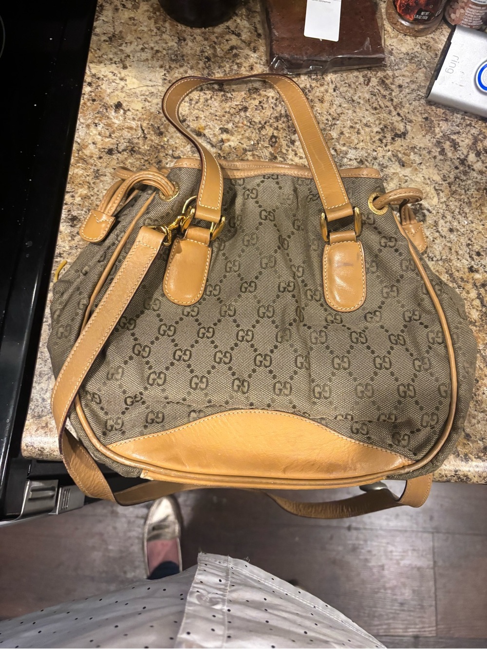Gucci Beige Monogram Canvas Shoulder Bag Tan Leather❤️ No returns project bag